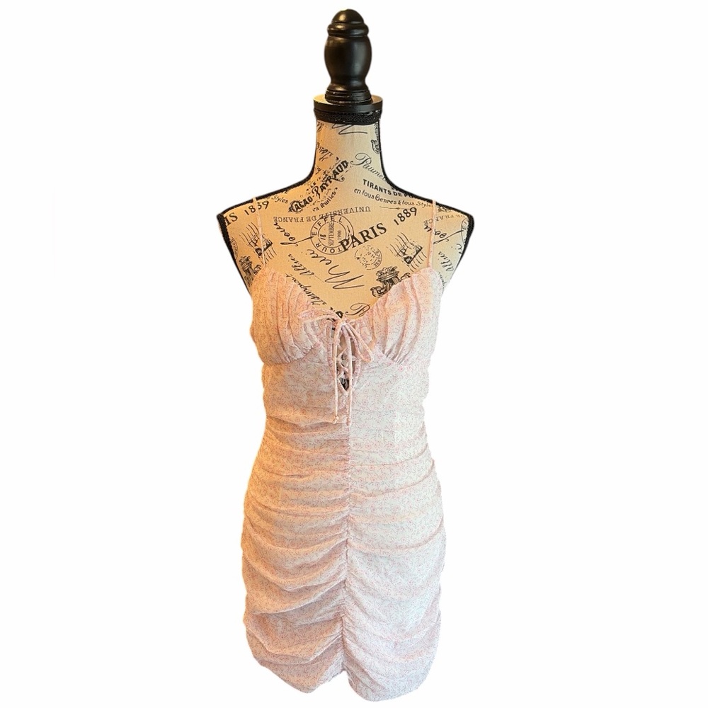 Cotton Candy LA Floral Ruched Mini Dress Medium Baby Pink Cottagecore Coquette